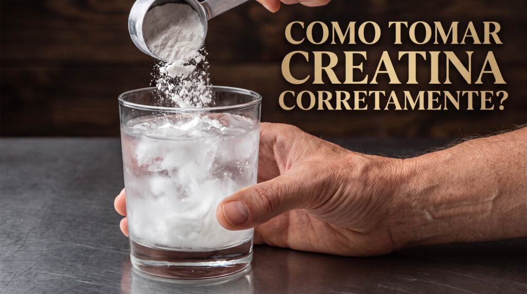Close-up das mãos de um idoso derramando creatina em pó de um medidor para um copo de água com gelo, ilustrando a forma correta de consumo do suplemento.